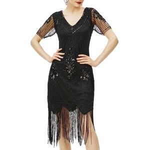 Babeyond Great Gatsby 1920s Sequin Beaded Flapper Dress Size M Black Fringe